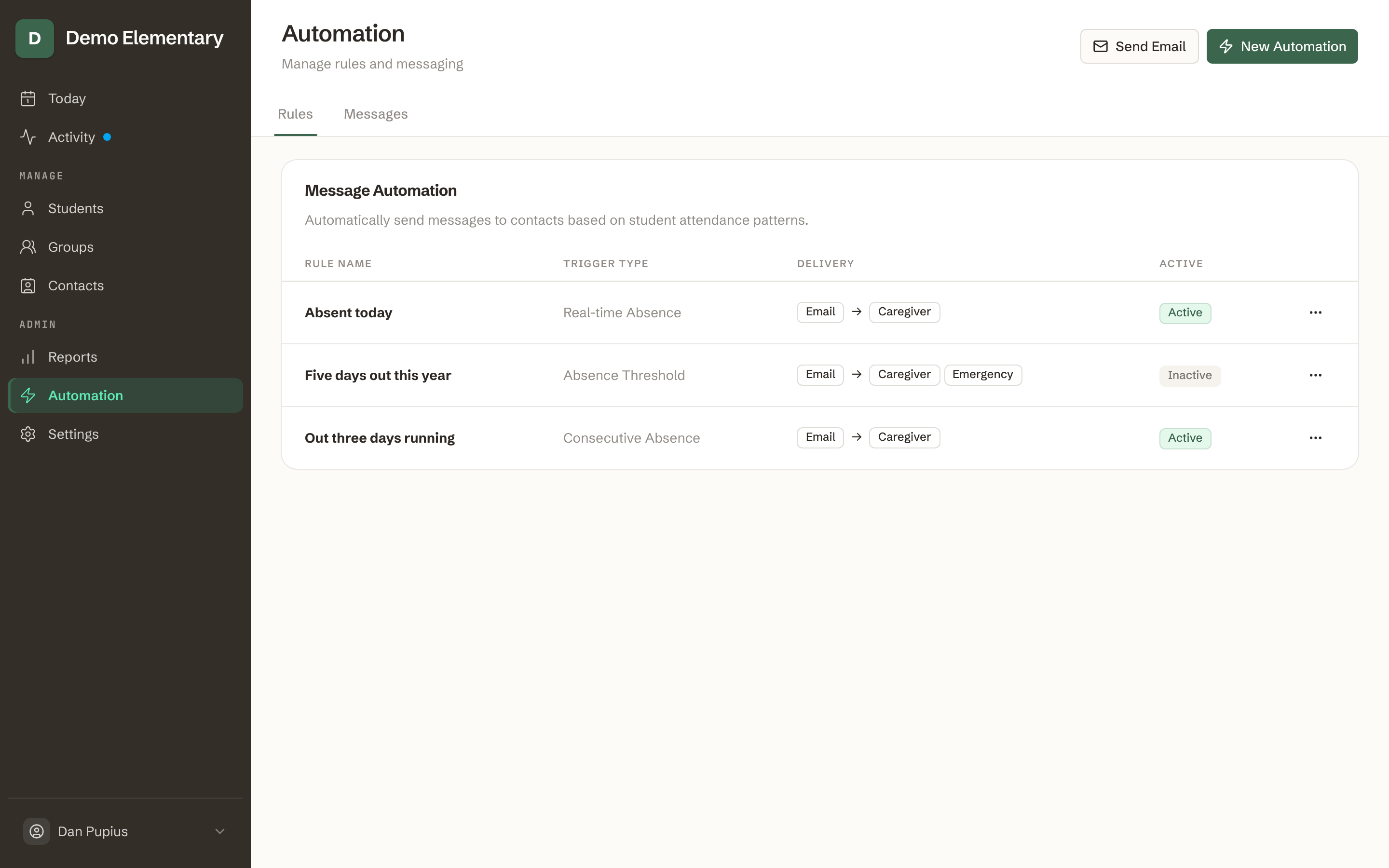 The Automation screen, listing message rules