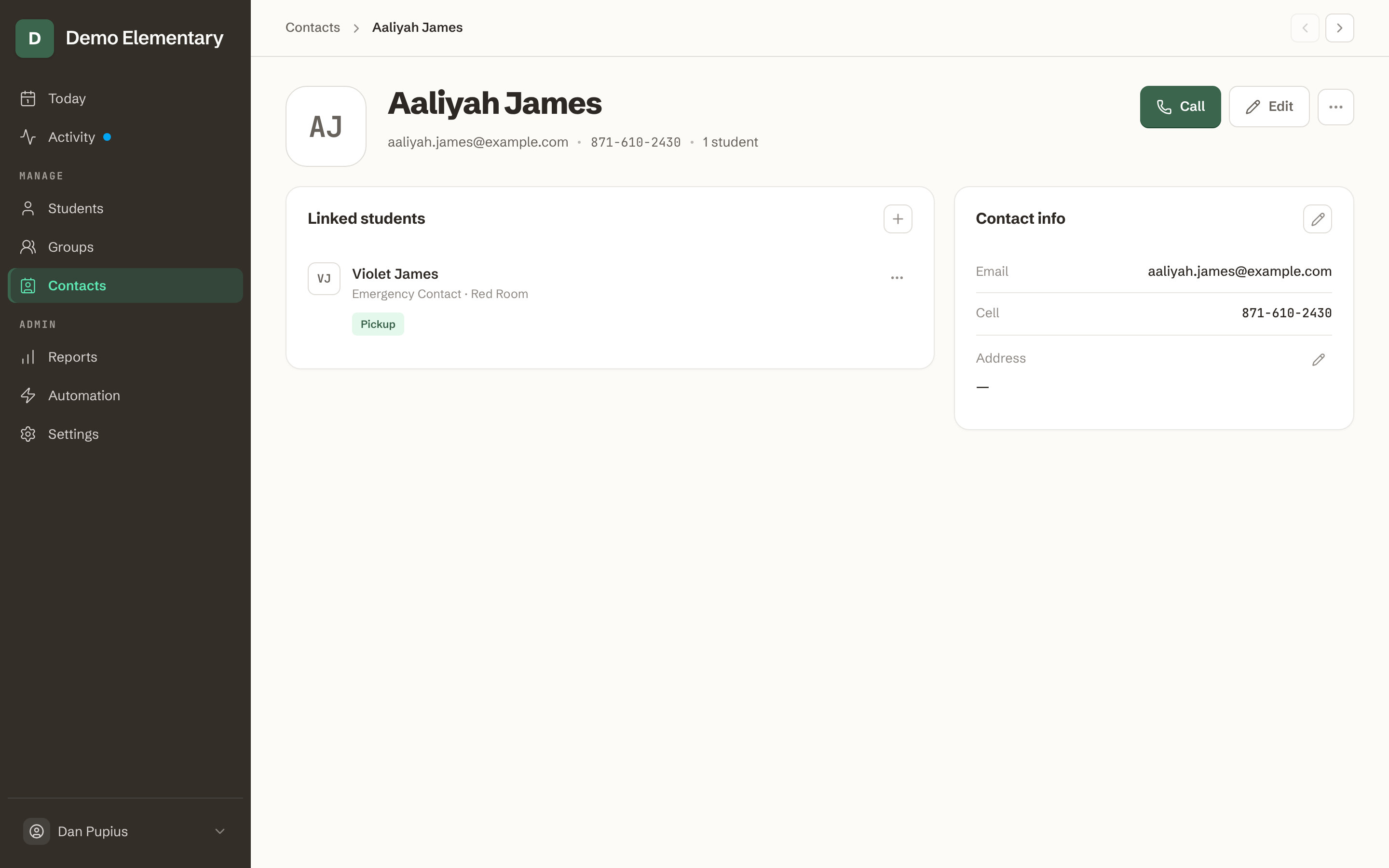 A contact profile, with pickup permissions