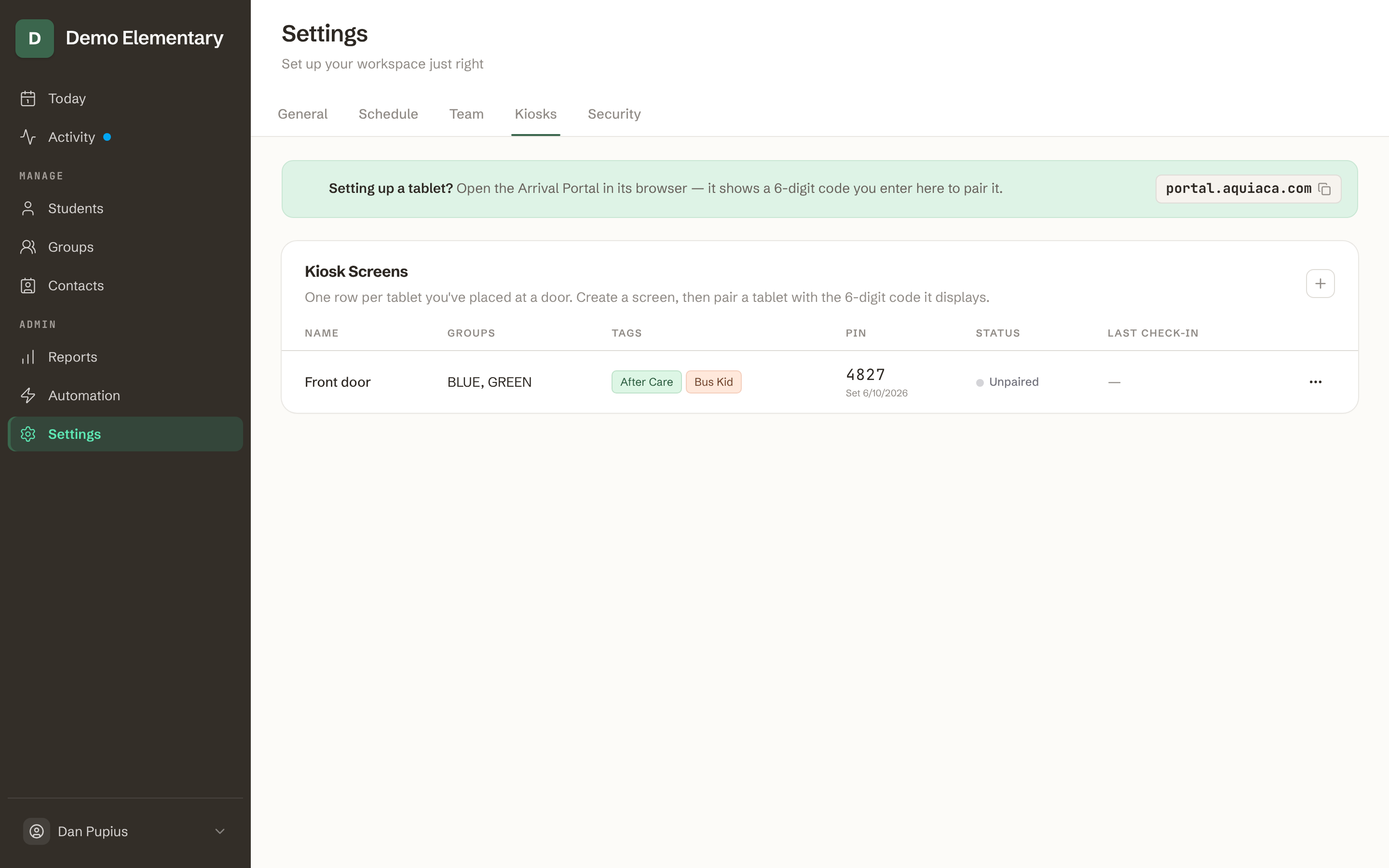 The Settings → Kiosks page, listing kiosk screens