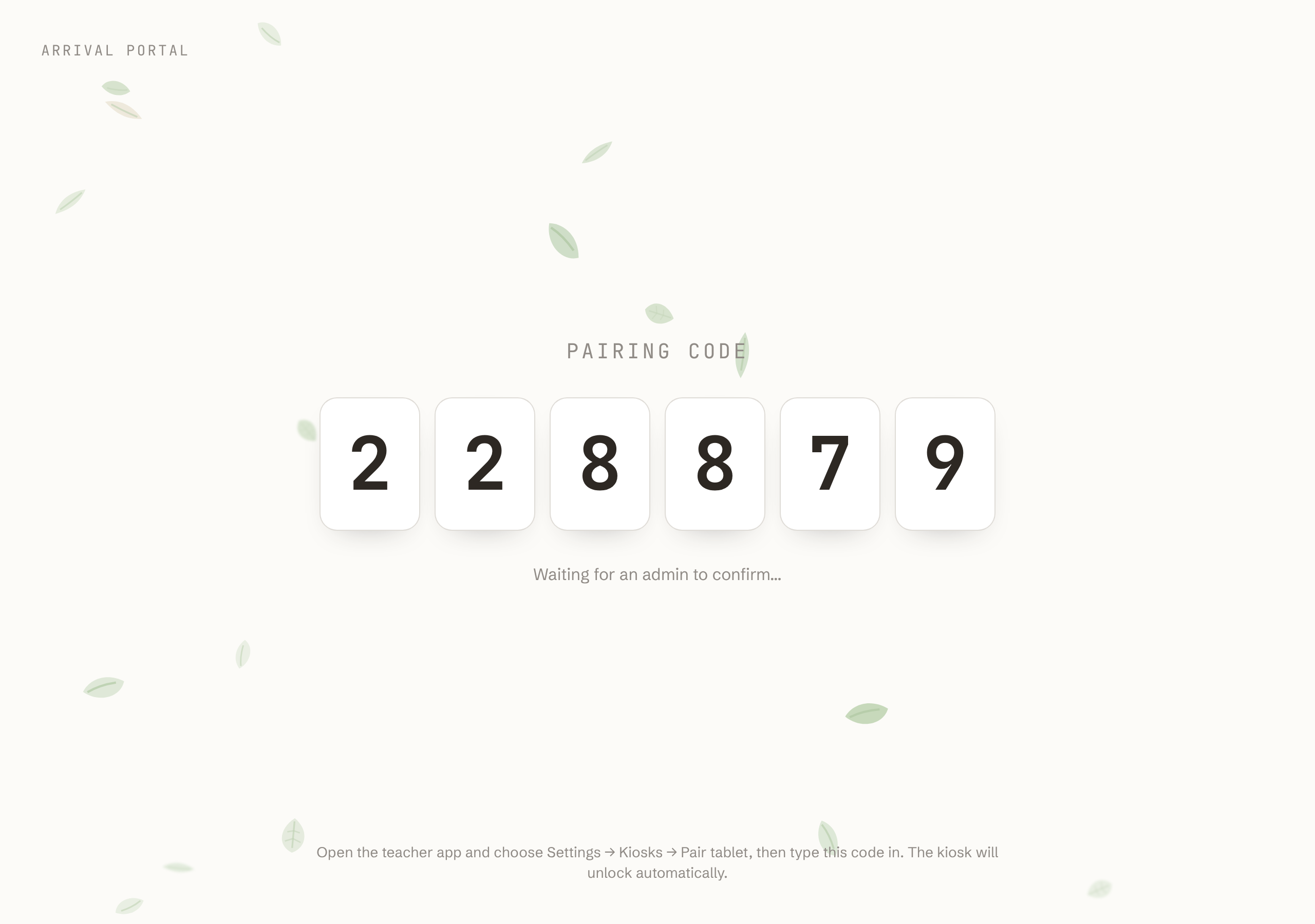 The tablet's pairing screen, showing a 6-digit code