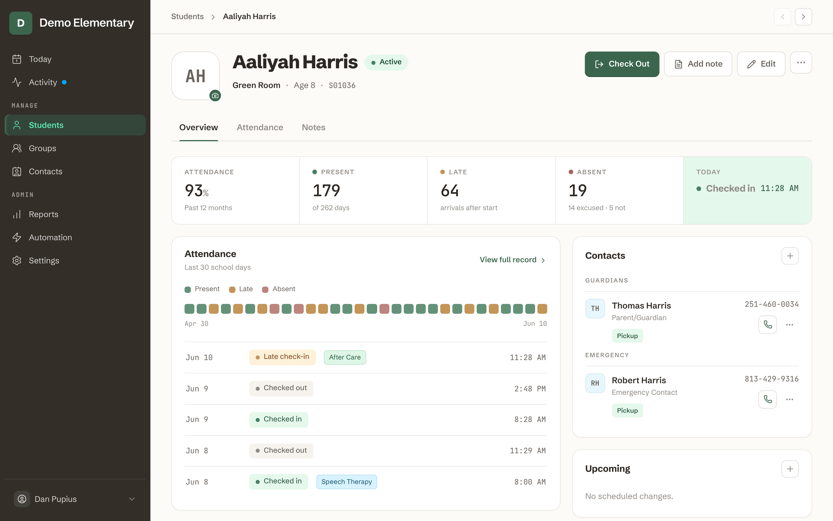A student profile page