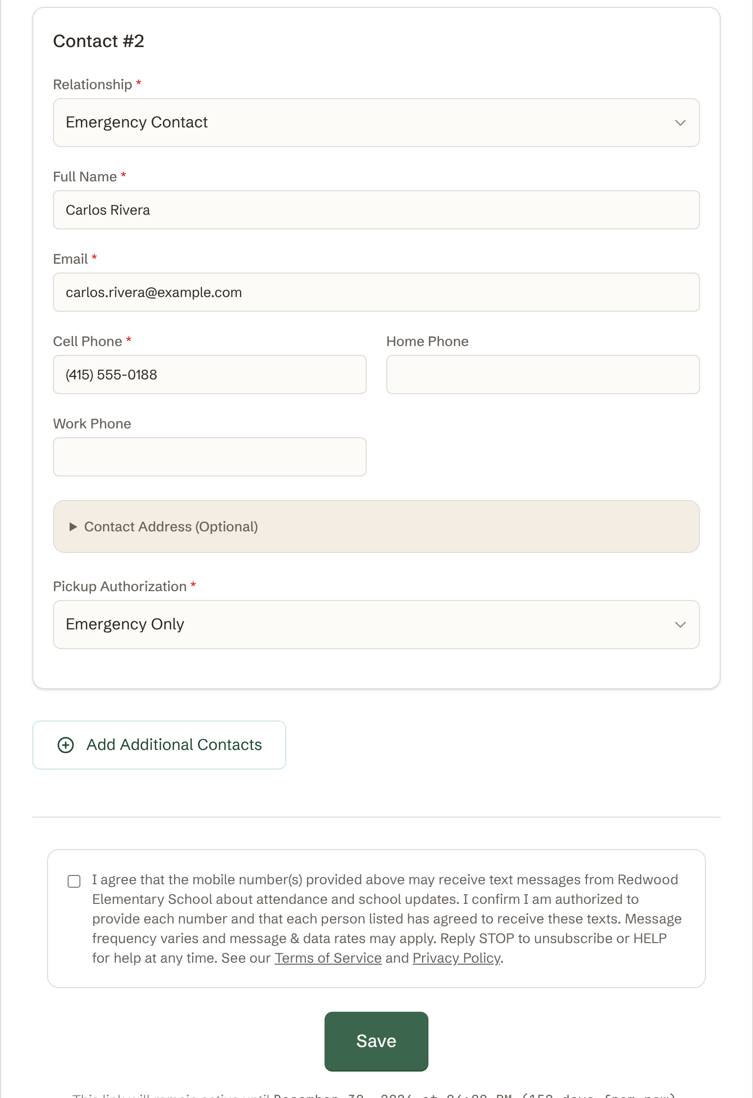 Part of the Aqui Aca student intake form: an emergency contact with name, email, and cell phone filled in, followed by the SMS consent checkbox — unchecked by default — with the disclosure "I agree that the mobile number(s) provided above may receive text messages from Redwood Elementary School about attendance and school updates. I confirm I am authorized to provide each number and that each person listed has agreed to receive these texts. Message frequency varies and message & data rates may apply. Reply STOP to unsubscribe or HELP for help at any time. See our Terms of Service and Privacy Policy," and a Save button.